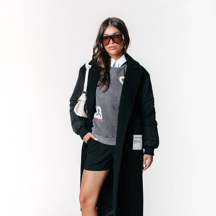 Ada Contrast Wool Long Coat | Black for wholesale by Colourful Rebel