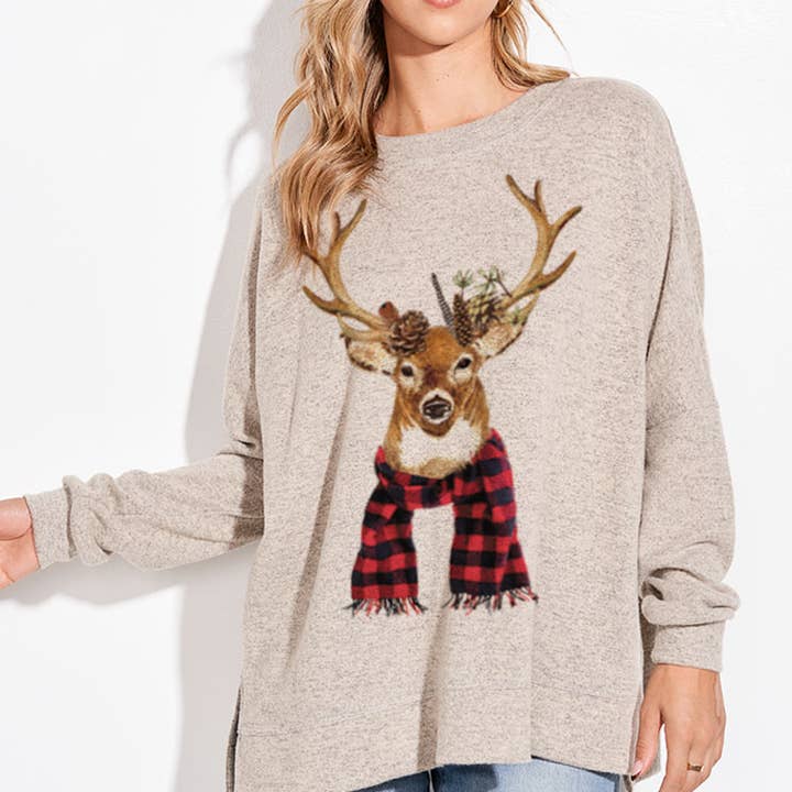 T866G5582 - Plaid Deer Printed Tee for Women for wholesale by Phil Love