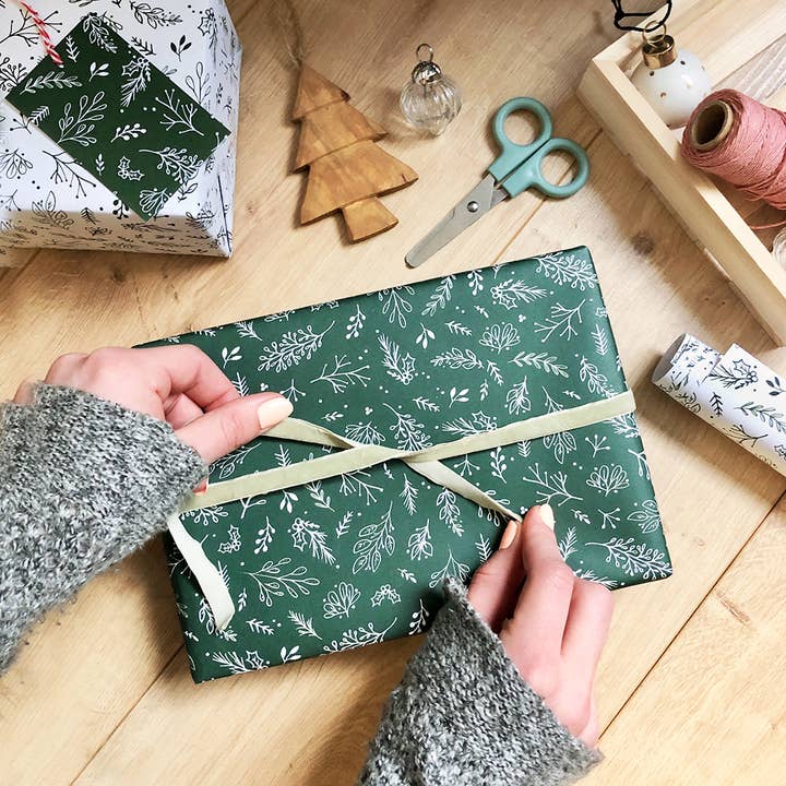 Clara and Macy - Wholesale Flat Wrap - Christmas Greenery Green Wrapping Paper