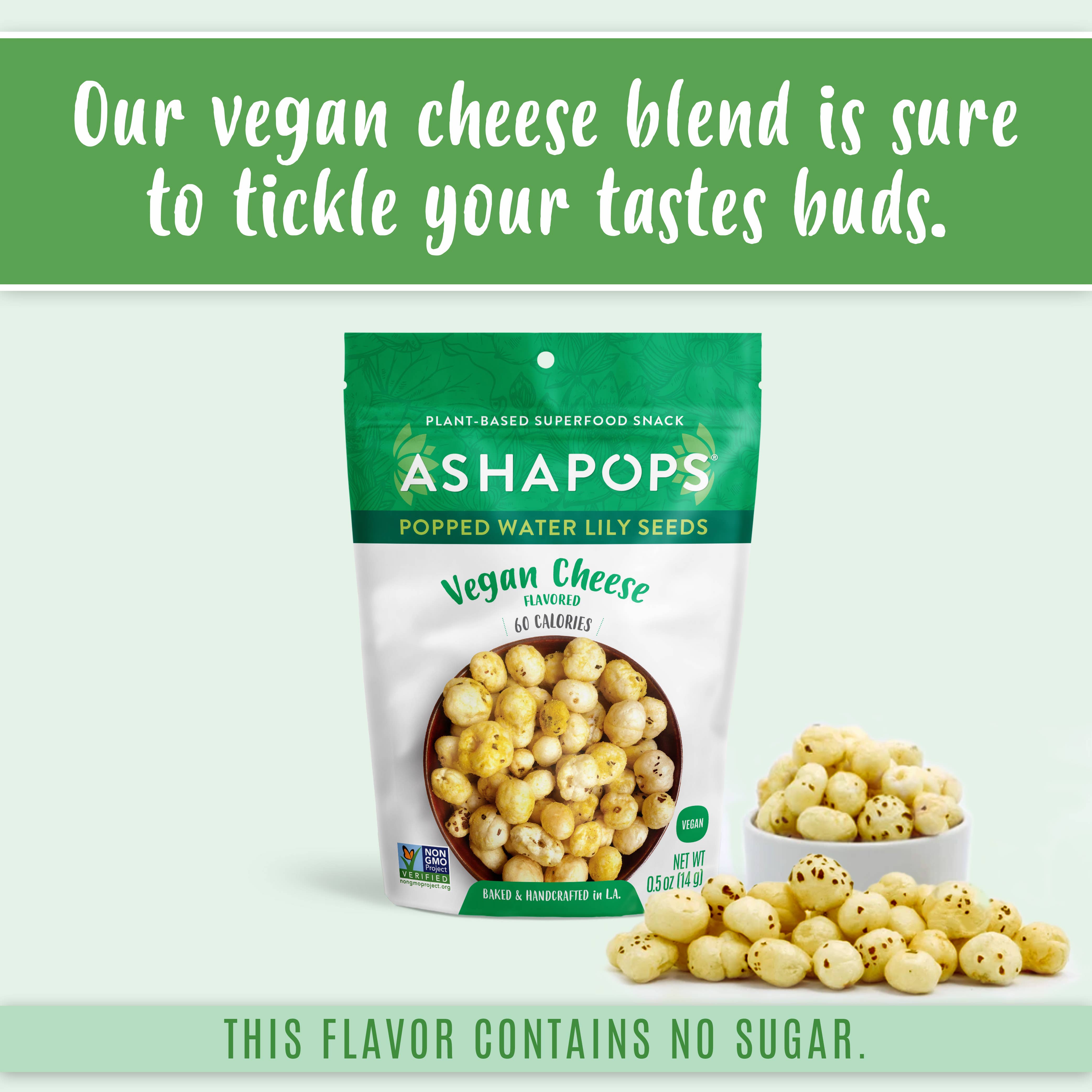 AshaPops - Wholesale Puffed Snack - 0.5oz Vegan Cheese - AshaPops Popped Water Lily Seeds3