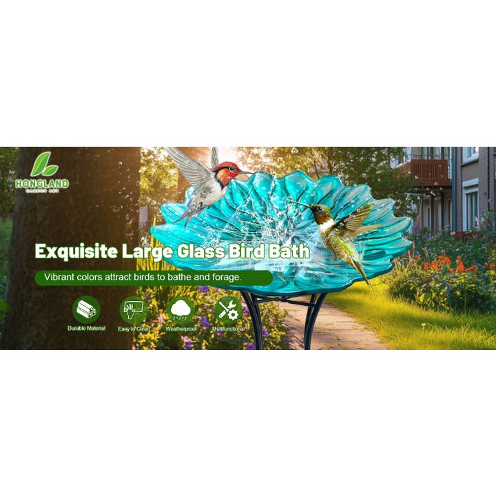 Liffy - Wholesale Bird Bath - Green Glass Bird Bath with Metal Stand Garden Decor5