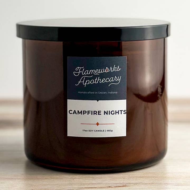 Campfire Nights 17 oz Double Wick Amber Jar Candle for wholesale by Flameworks Apothecary