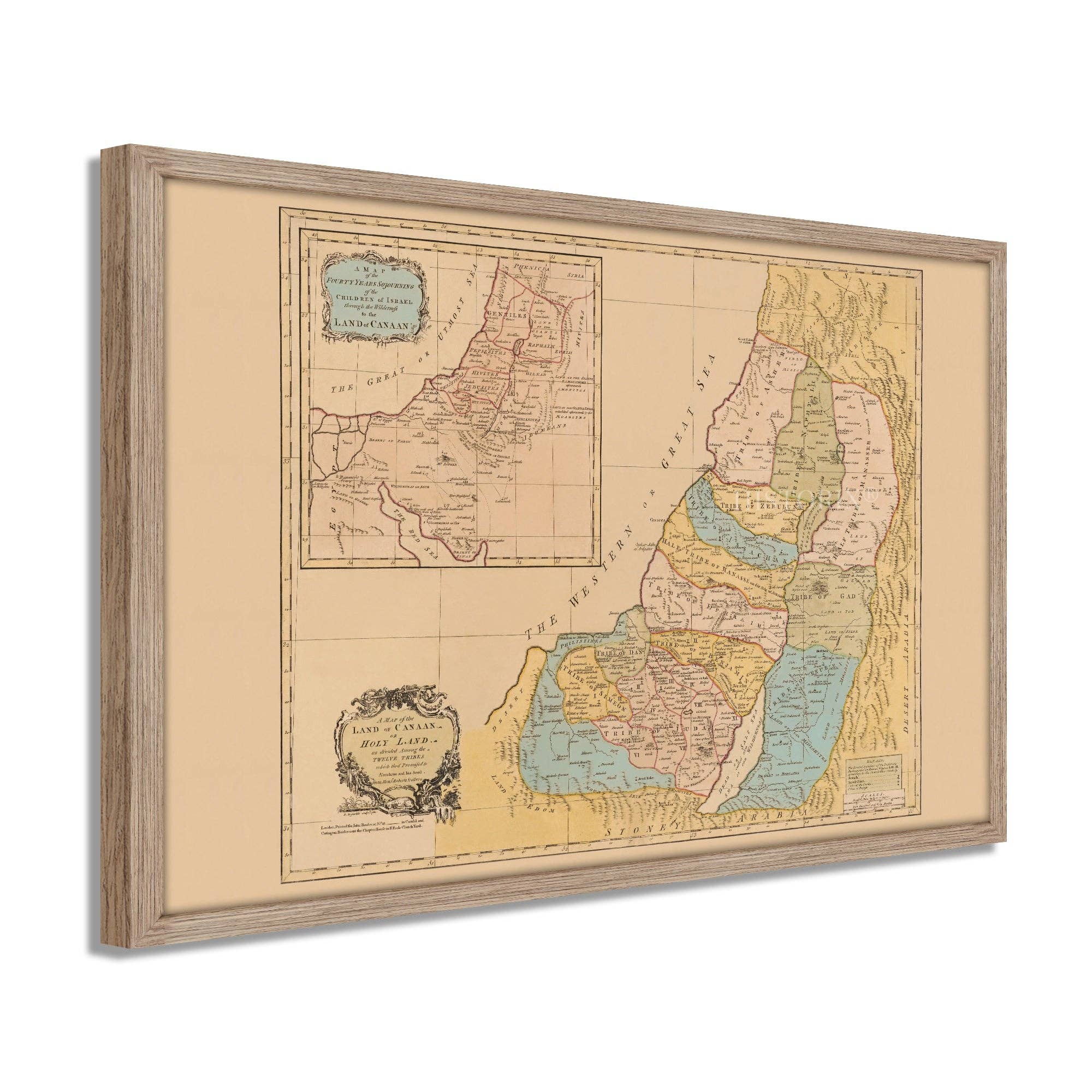 Historic Prints - Wholesale Map - 1760 Land of Canaan Palestine Map - Framed Vintage Holy Land Map Poster - Map of the Holy Land Divided Among Twelve Tribes God Promised To Abraham11