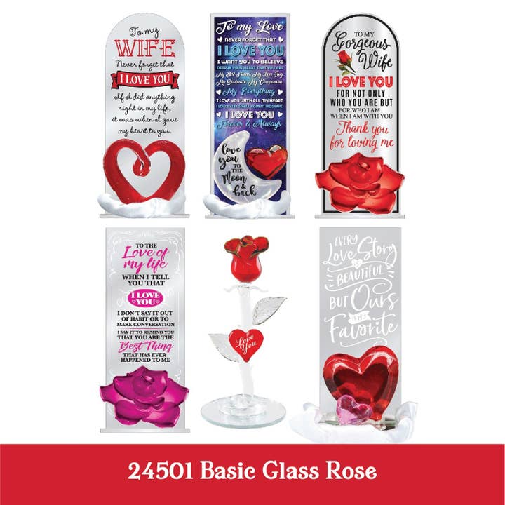 Glass Rose Keepsake Valentine's Day Assortment- 6/Pack for wholesale by Novelty Closeout