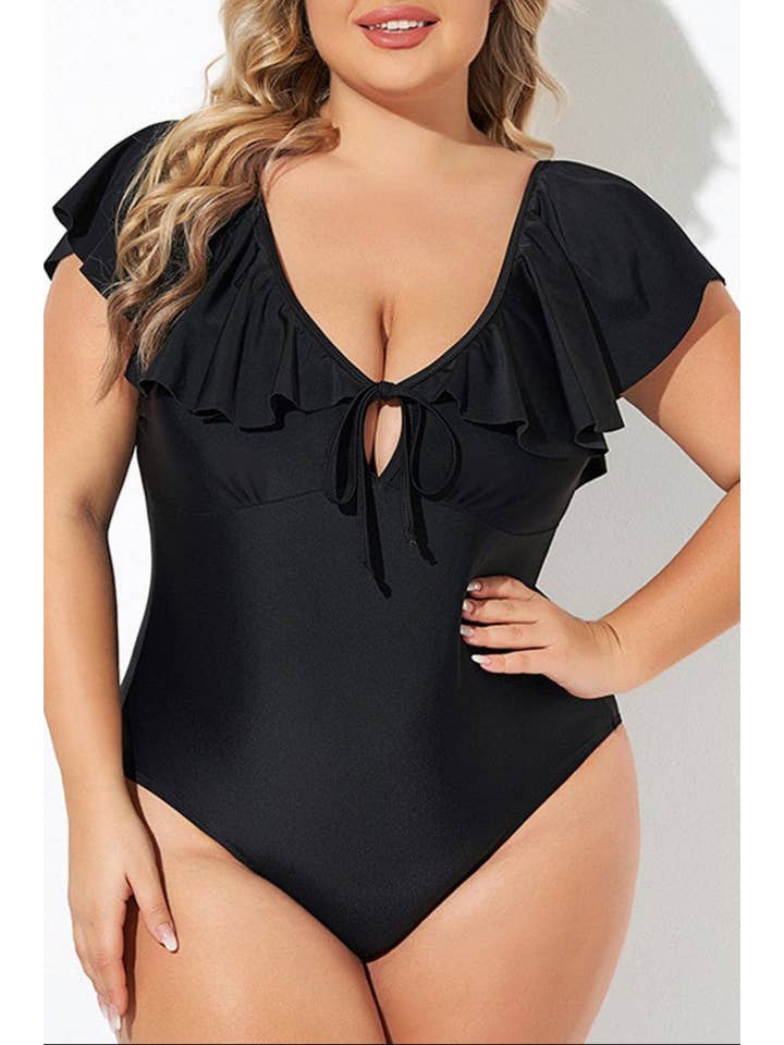 Black Plus Size Ruffle Sleeve One Piece Swimsuit for wholesale on Faire