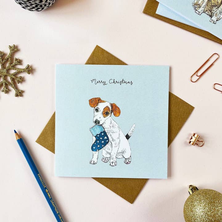 Festive Jack Russell Christmas Card for wholesale by Amelia Illustration
