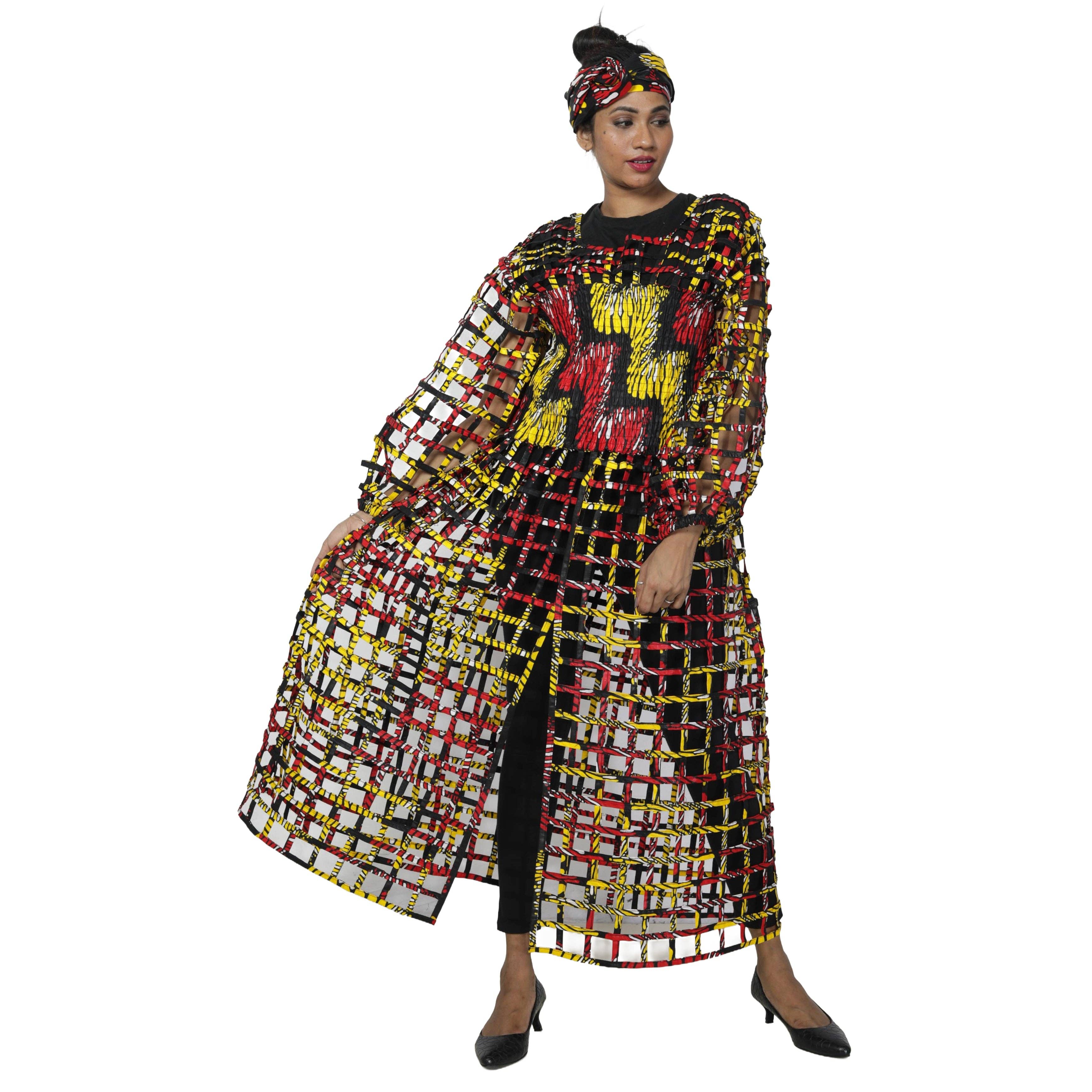 African Stars - Wholesale Dress - Women's - Women's Long Sleeve Smocked Bodice Cage Dress -- FI-ST12210