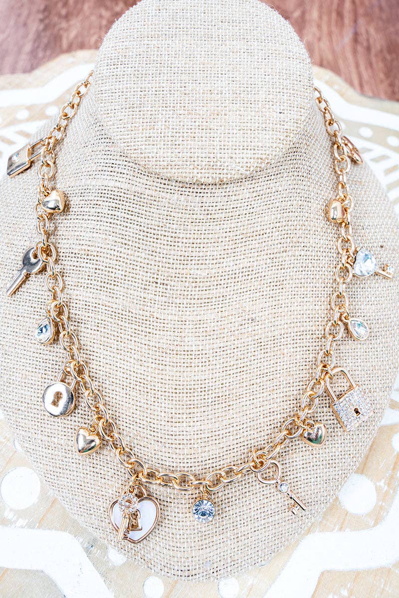 Wholesale Accessory Market - Wholesale Pendant/Charm Necklace - Unlock This Look Crystal Goldtone Charm Necklace0