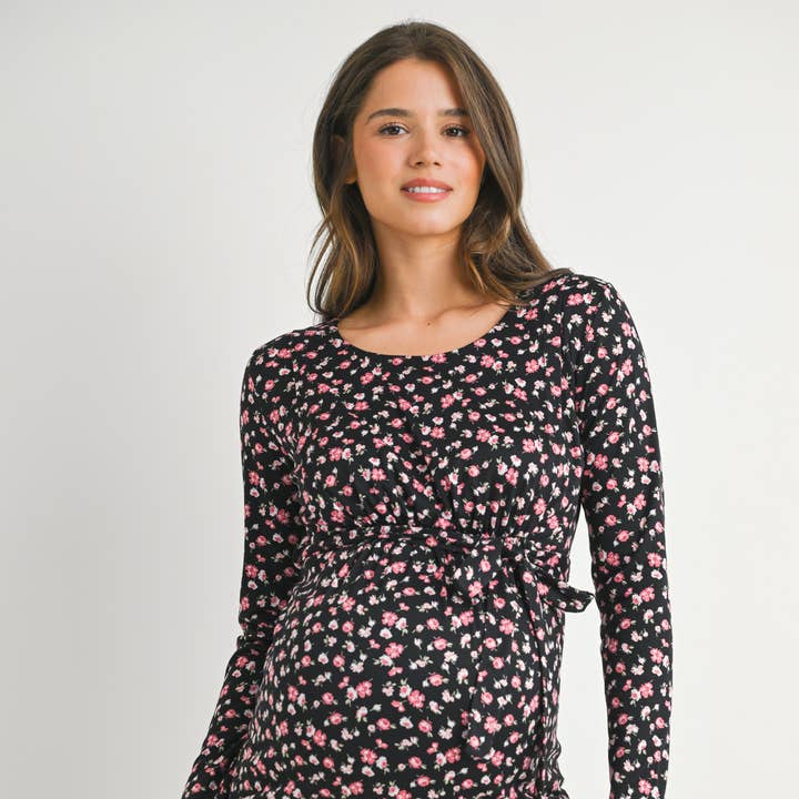 Top de punto para lactancia y maternidad de manga larga con estampado floral para venta al por mayor de Hello Miz