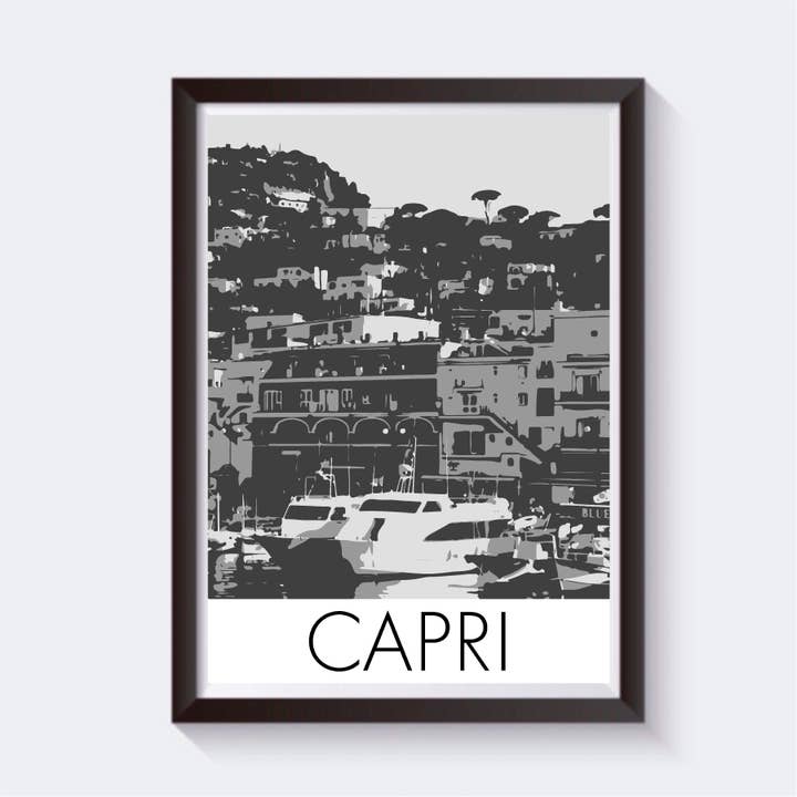 Capri, Italie Impression graphique de voyage en niveaux de gris - 6 tailles pour la vente par 2 Sisters