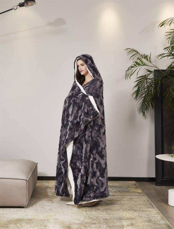 Duke Imports - Wholesale Throw Blanket - "Brushed Slate" Faux Fur Plush Hooded Throw Blanket2