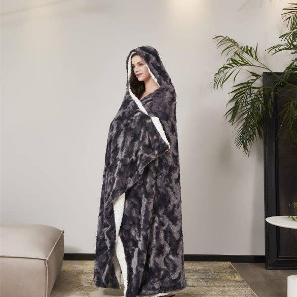 Duke Imports - Wholesale Throw Blanket - "Brushed Slate" Faux Fur Plush Hooded Throw Blanket2
