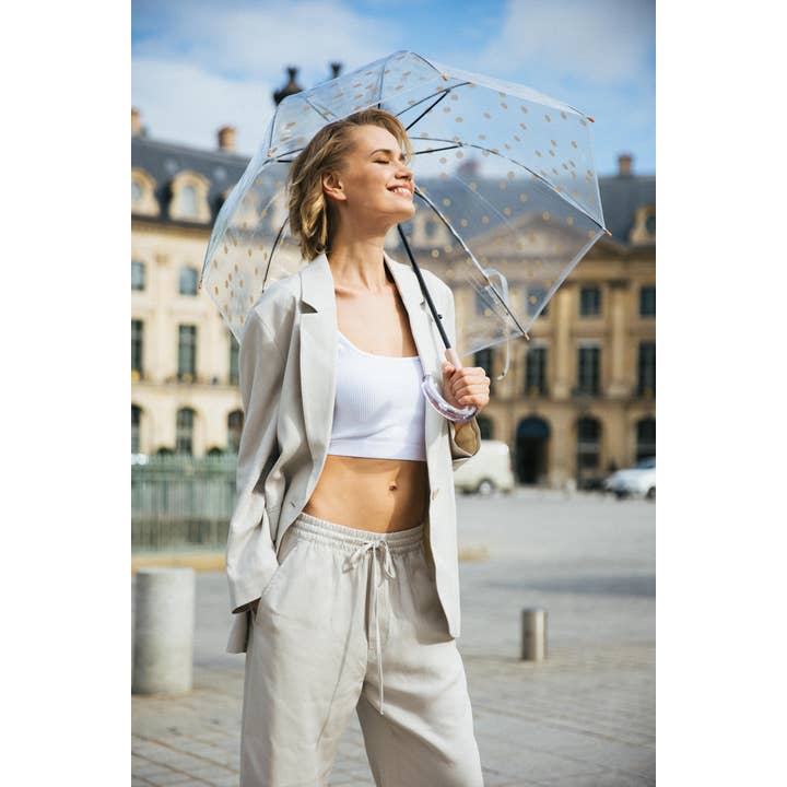 SMATI – Großhandel Regenschirm – Damen – Langer transparenter Regenschirm mit kupferfarbenen Punkten2