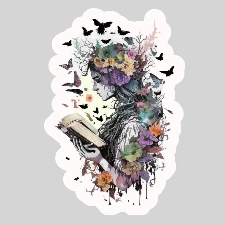 Gothic Wiccan Witch with Birds Reading Books – 3" Waterproof Bookish Sticker with Holo Overlay – Reading, Books, Reader Gift, Book Lover for wholesale by Purely Bookish