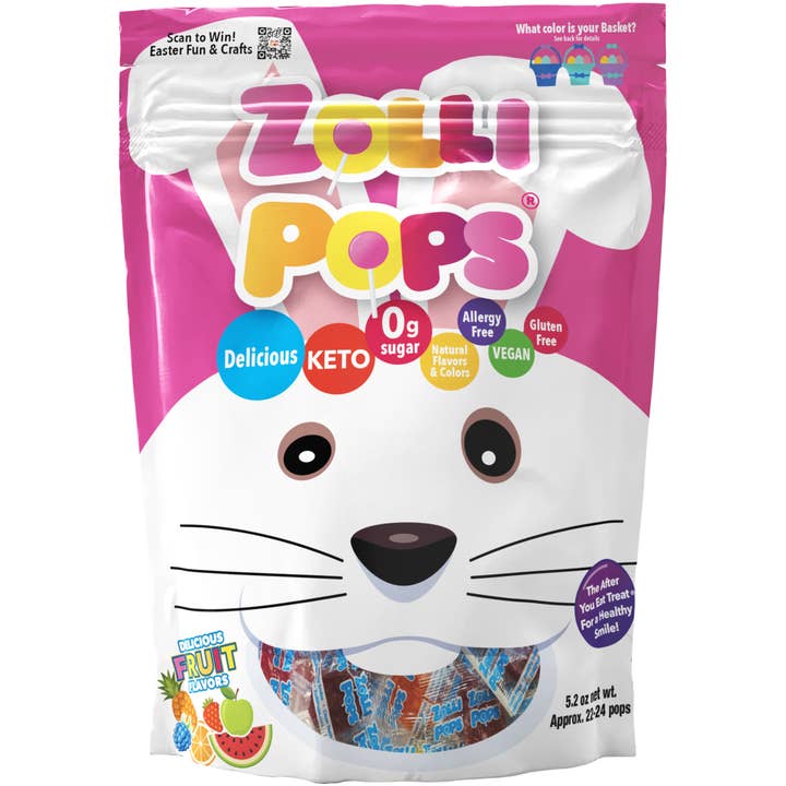 Easter Zero Sugar Zollipops Assorted Fruit 5.2oz Pouch for wholesale by Zolli Candy, The Clean Teeth Candy