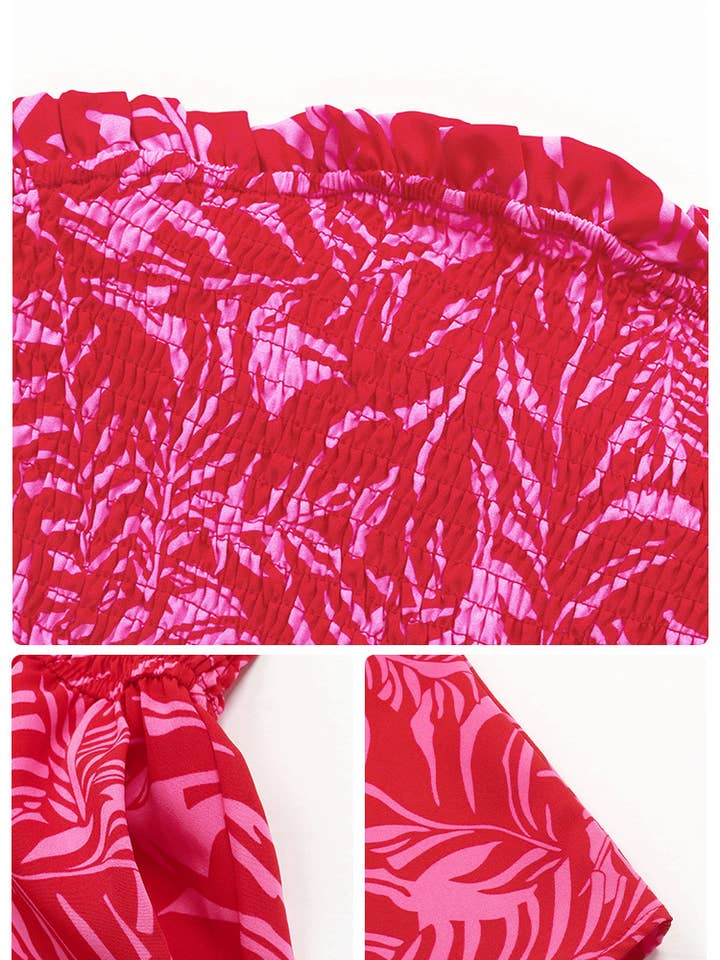 RED ONE-LINE SHOULDER ELASTIC PRINT TOP UP JUMPSUIT for wholesale on Faire6