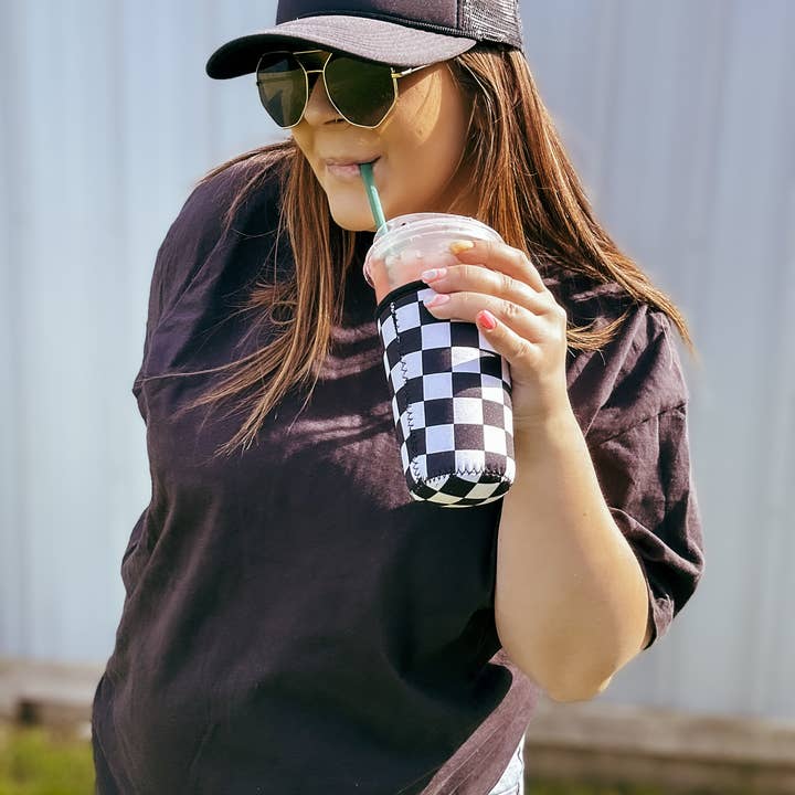 The Wild Buck Company - Wholesale Drink Huggers & Koozies - Black White Checker Iced Coffee Coozie/ Drink Sleeve1