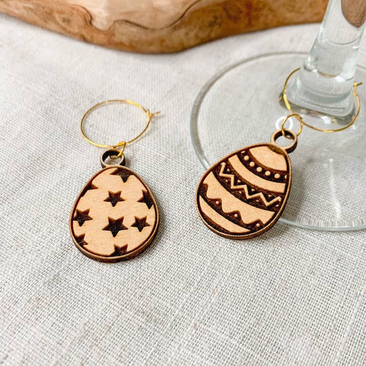 Set of Wooden Easter Egg Wine Glass Charms for wholesale by Parkin & Lewis