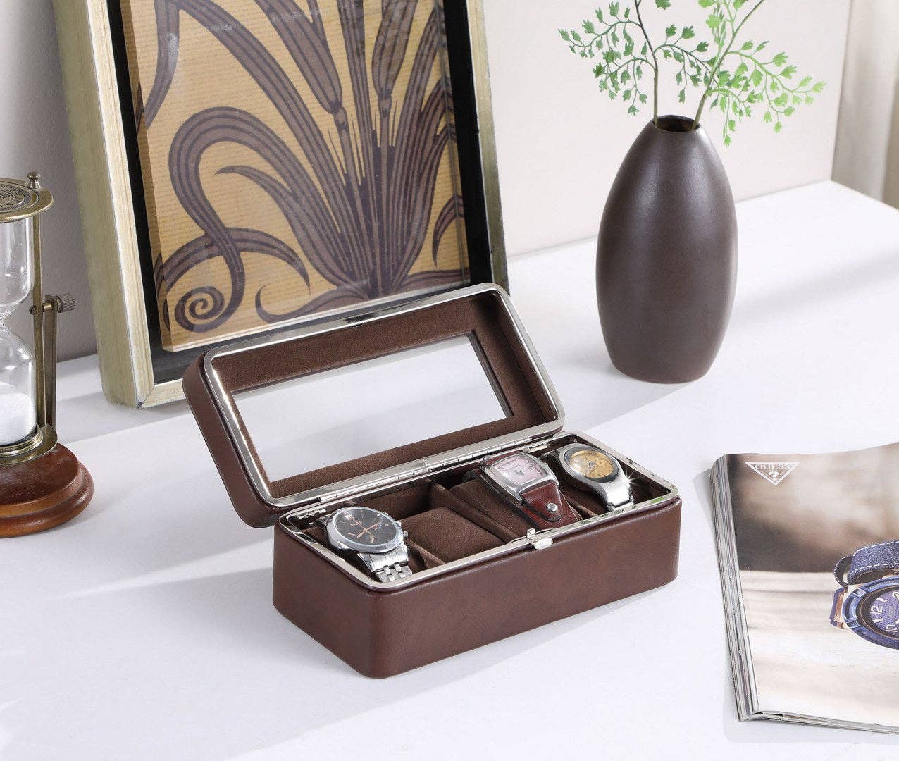 39F Inc. - Wholesale Jewelry Box/Organizer - 8in Brown Leather 4-Slot Watch Case with Glass Lid3