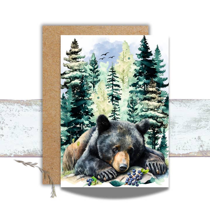 Cartão de saudação em aquarela Black Bear Eating Blueberries por atacado de Designs by Michaela