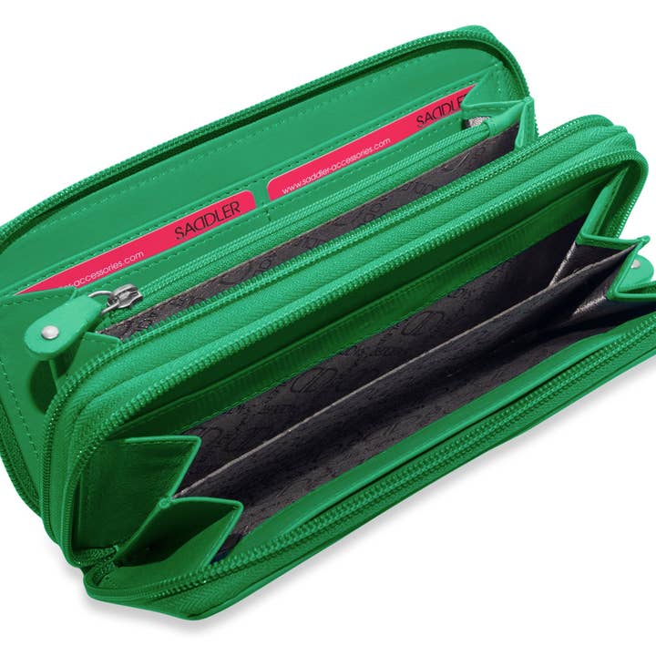 SADDLER GABRIELLA Leder-Doppelreißverschluss-Geldbörse - 8 Kartenfächer, Handyfach und Münzfach - RFID-geschützt für den Großhandel von SADDLER