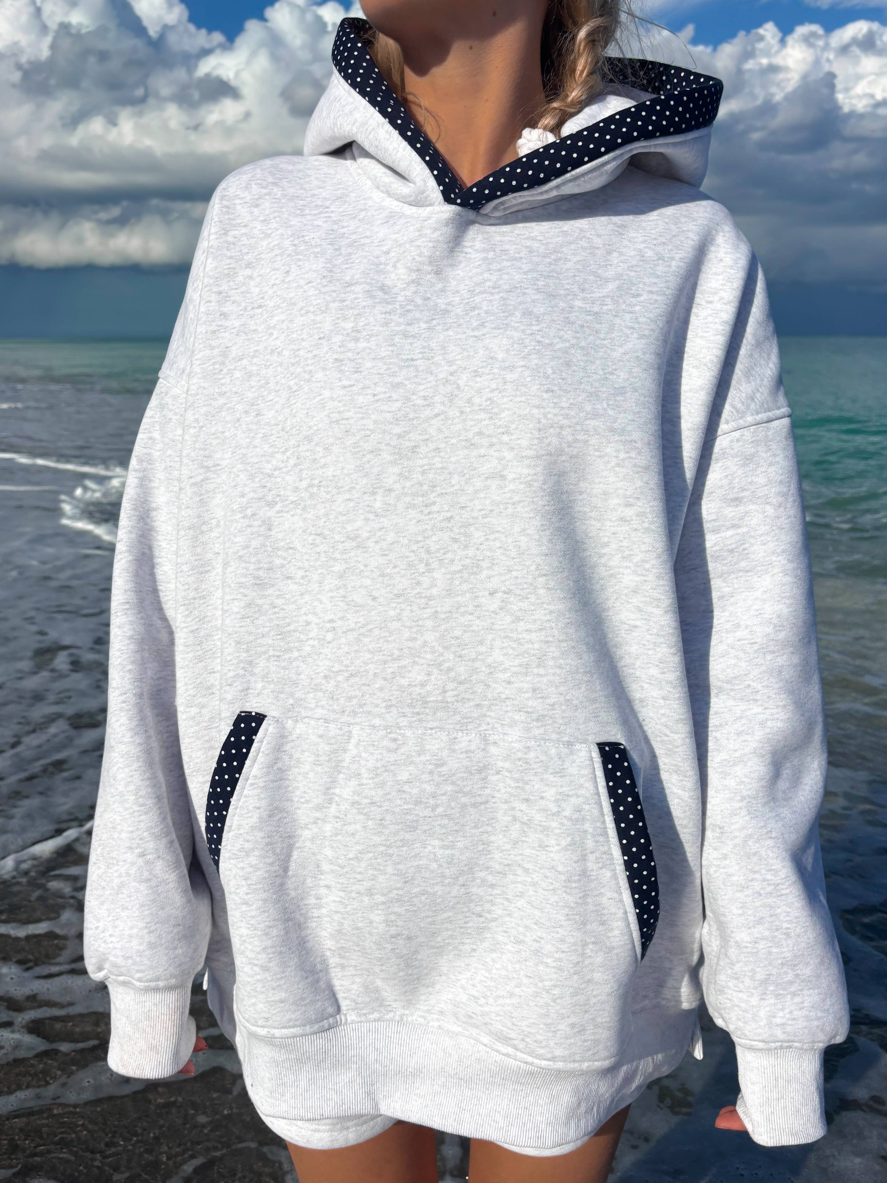 Sunkissed Coconut - Wholesale Hoodie - Women's - Pearl Grey Navy Blue Polka Dot Hoodie5