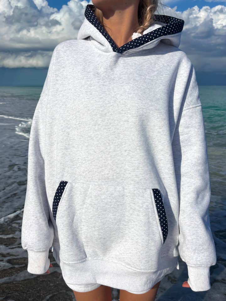 Sunkissed Coconut - Wholesale Hoodie - Women's - Pearl Grey Navy Blue Polka Dot Hoodie5