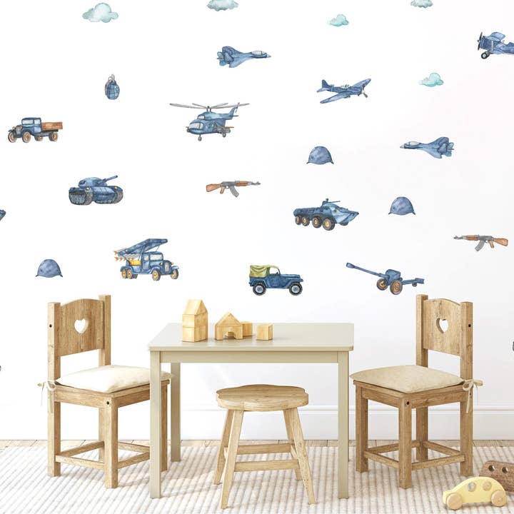 Army Wall Stickers, Cute Watercolour Military Transport Wall Decals for Baby Boy Nursery, Army Tank, Helicopter, Plane, Missile Truck for wholesale by Decals Online
