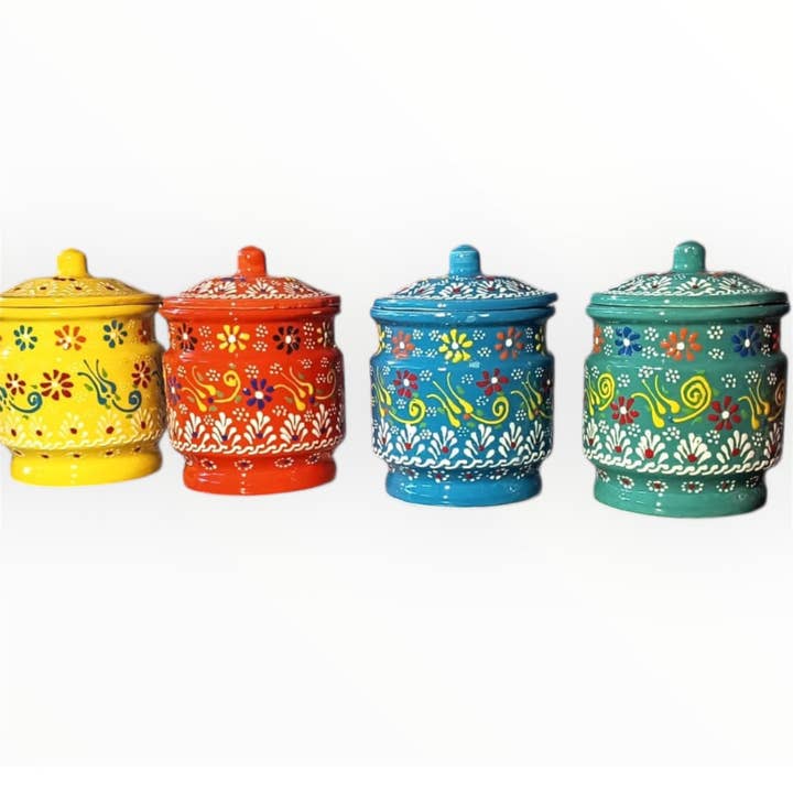 Hand-Painted Turkish Ceramic Spice Jar with Lid for wholesale by Mediterranean Collection