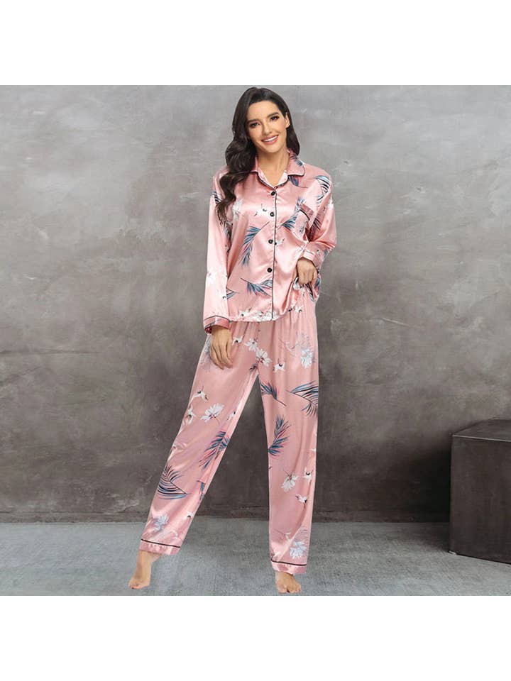 pinkblu02 - Wholesale Pyjamaset - Dames - Dames Casual Satijnen Pyjamaset met Lange Mouwen en Revers5
