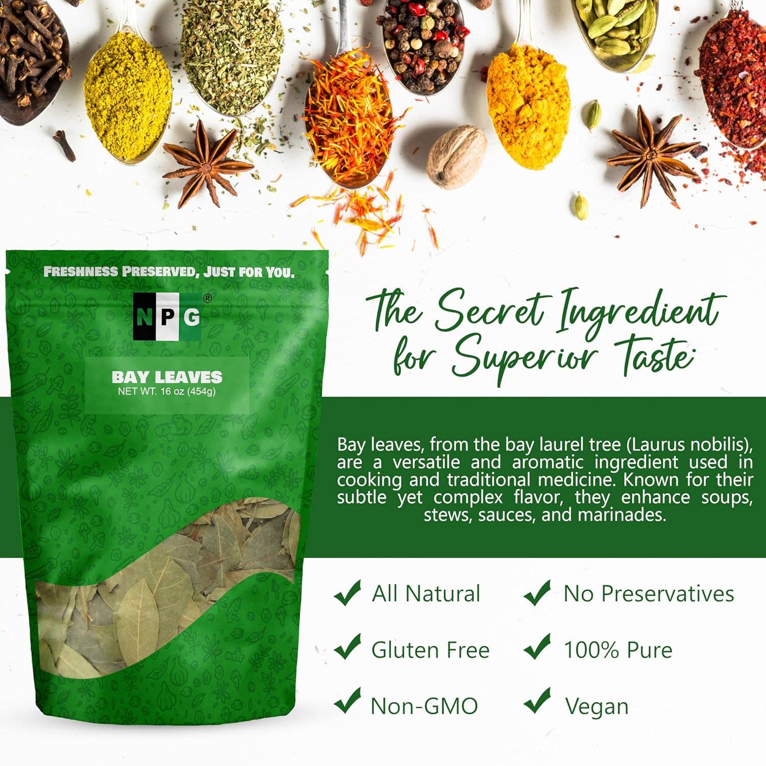Natural Plus Green - Wholesale Dried Spice - NPG Whole Bay Leaves 16 Ounces 1 LB, Whole Bay Leaf Dried4