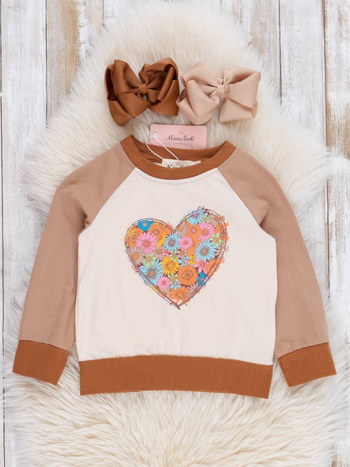 Marie Nicole Clothing - Wholesale Screen Printed T-Shirt - Kids - Brown Raglan Floral Heart Shirt