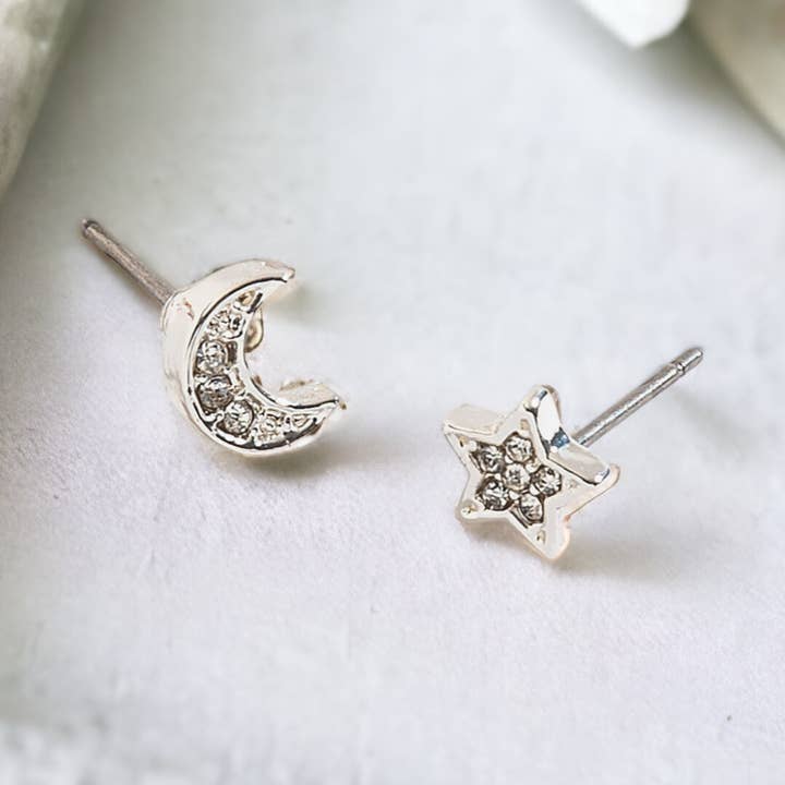 Moon & Star Pave Earsense Stud Earrings for wholesale by Howard's