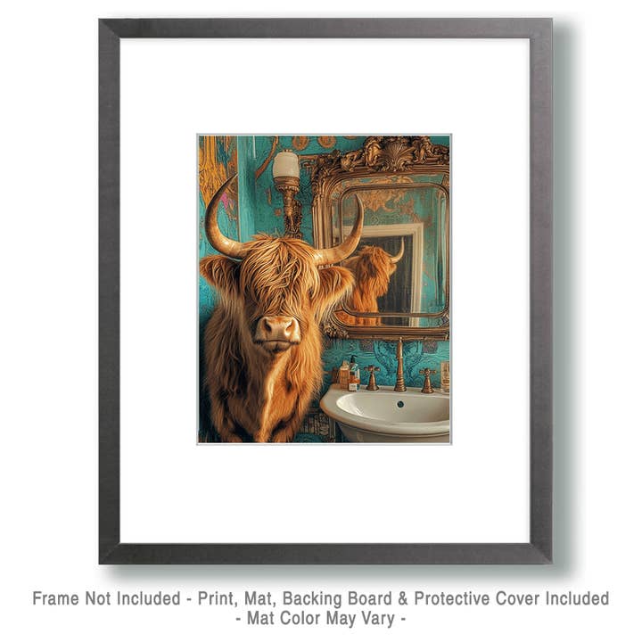 Mowbi - Wholesale Art print - Highland Cow Looking in a Mirror - Bathroom Wall Art Prints – 8″x10″ Artwork for 11″x14″ Frame1