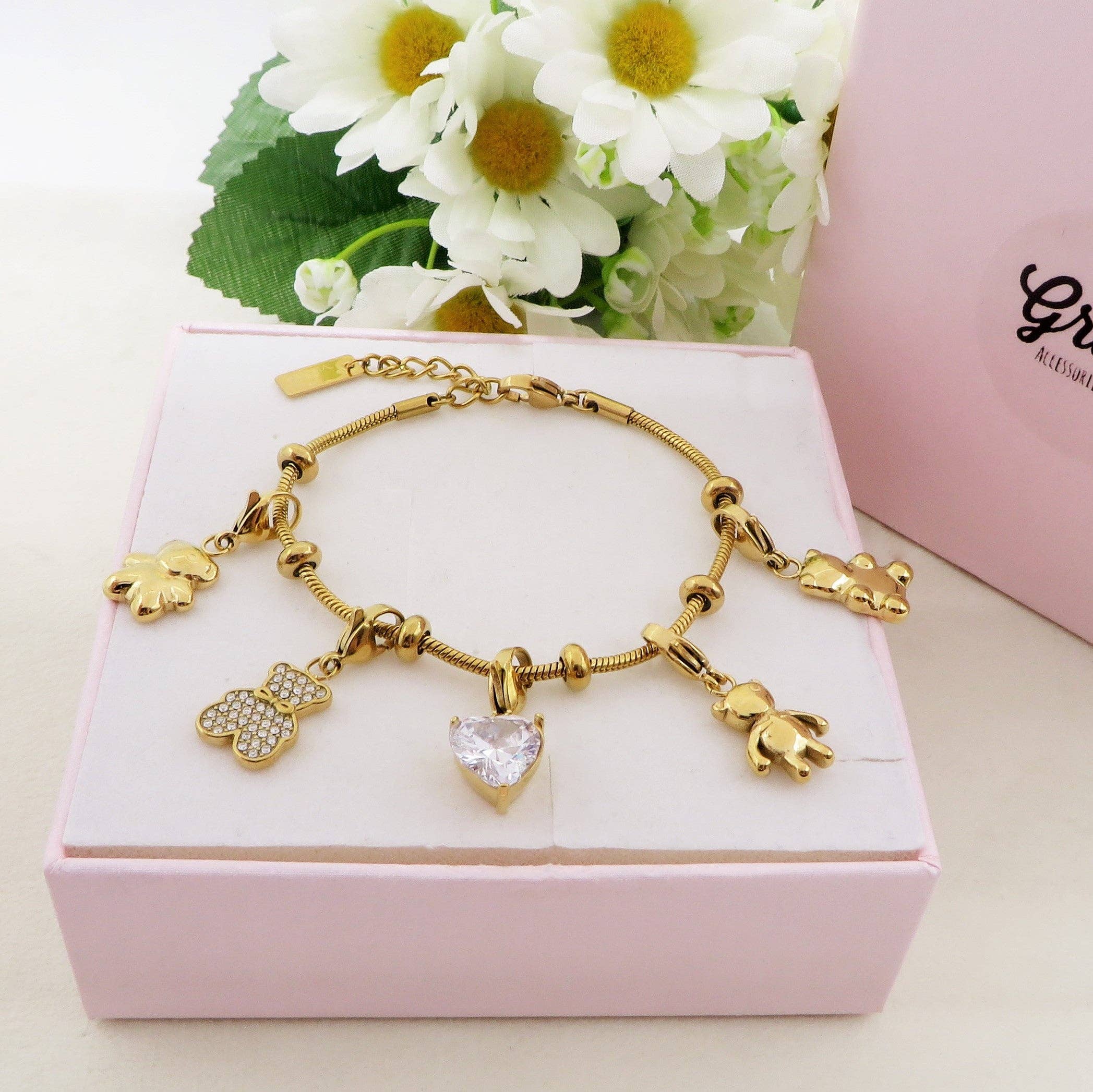 Daemon srls - Wholesale Charm/Dangle Bracelet - TEDDY - Bracciale con orsetti e cuori pendenti bombe' ACCIAIO INOSSIDABILE2