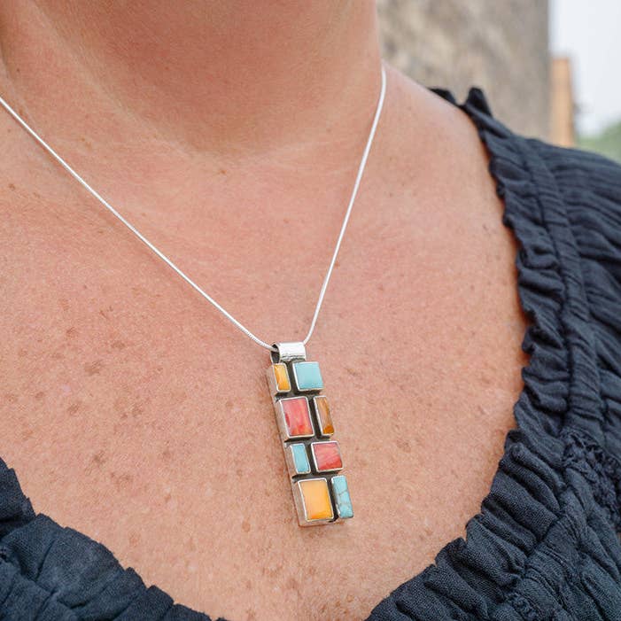 Slim Rectangle Mosaic Pendant, Tejano for wholesale by Corazón Sterling