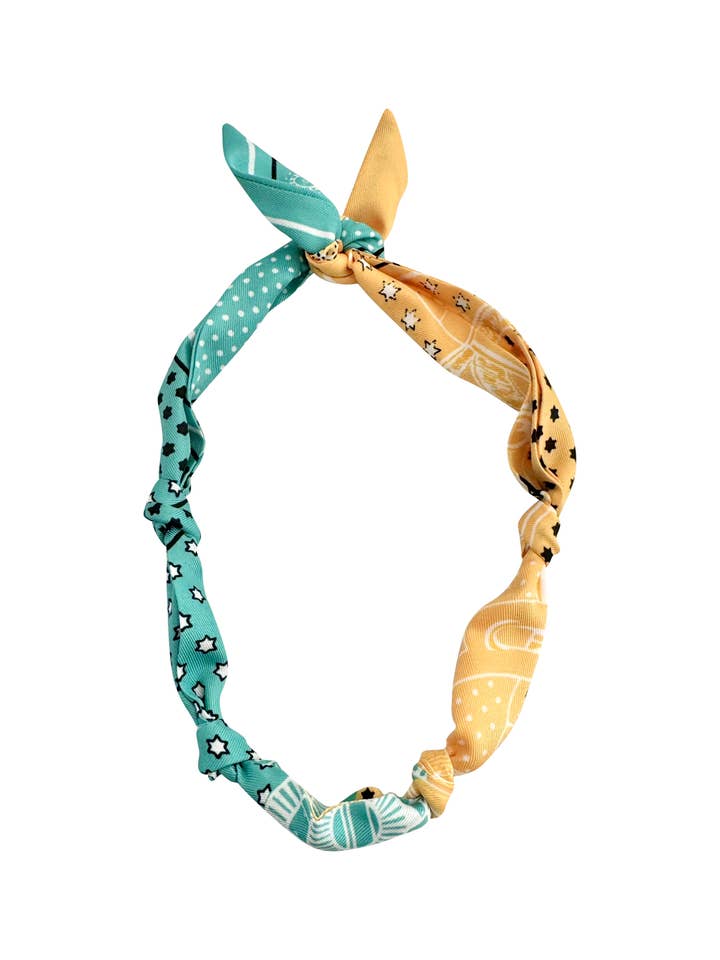 Knotted Carley Teal and Yellow Bandana Scarf Necklace for wholesale by Gemelli