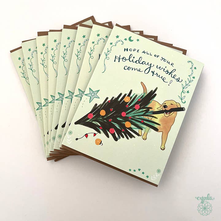 BOX of 8 Dog Christmas Tree Card - funny holiday greeting for wholesale by Cynla