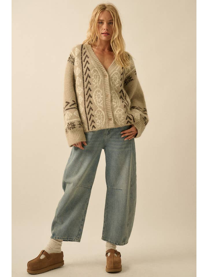 Promesa USA - Wholesale Cardigan - Women's - Fuzzy-Knit Patterned Jacquard Button-Up Cardigan2