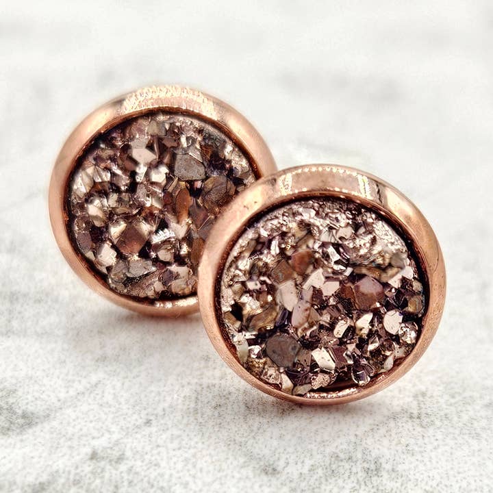 Druzy Stud Earrings (Handmade 8mm) - Rose Gold for wholesale on Faire0