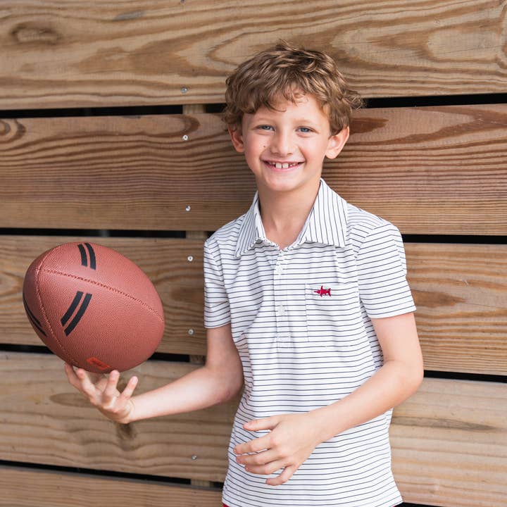 Marco Boys Performance Polo White Stripe for wholesale by Saltwater Boys Company