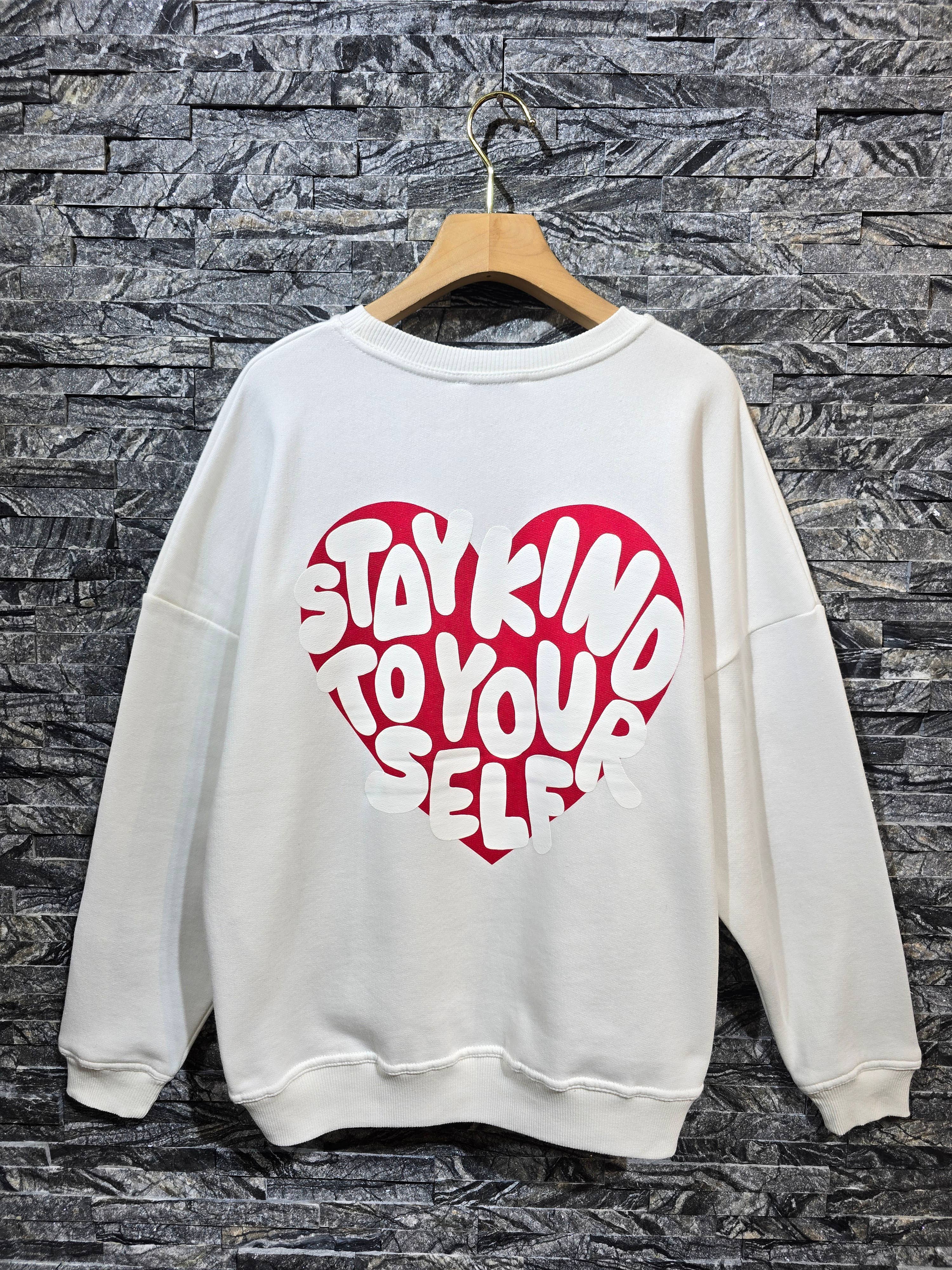 White “Stay kind to yourself” heart and back print sweatshirt 10335 for wholesale on Faire1
