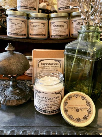 Sagittarius Zodiac Horoscope Soy Wax Candle Infused Crystals for wholesale by Vintage Luxe Design Co.