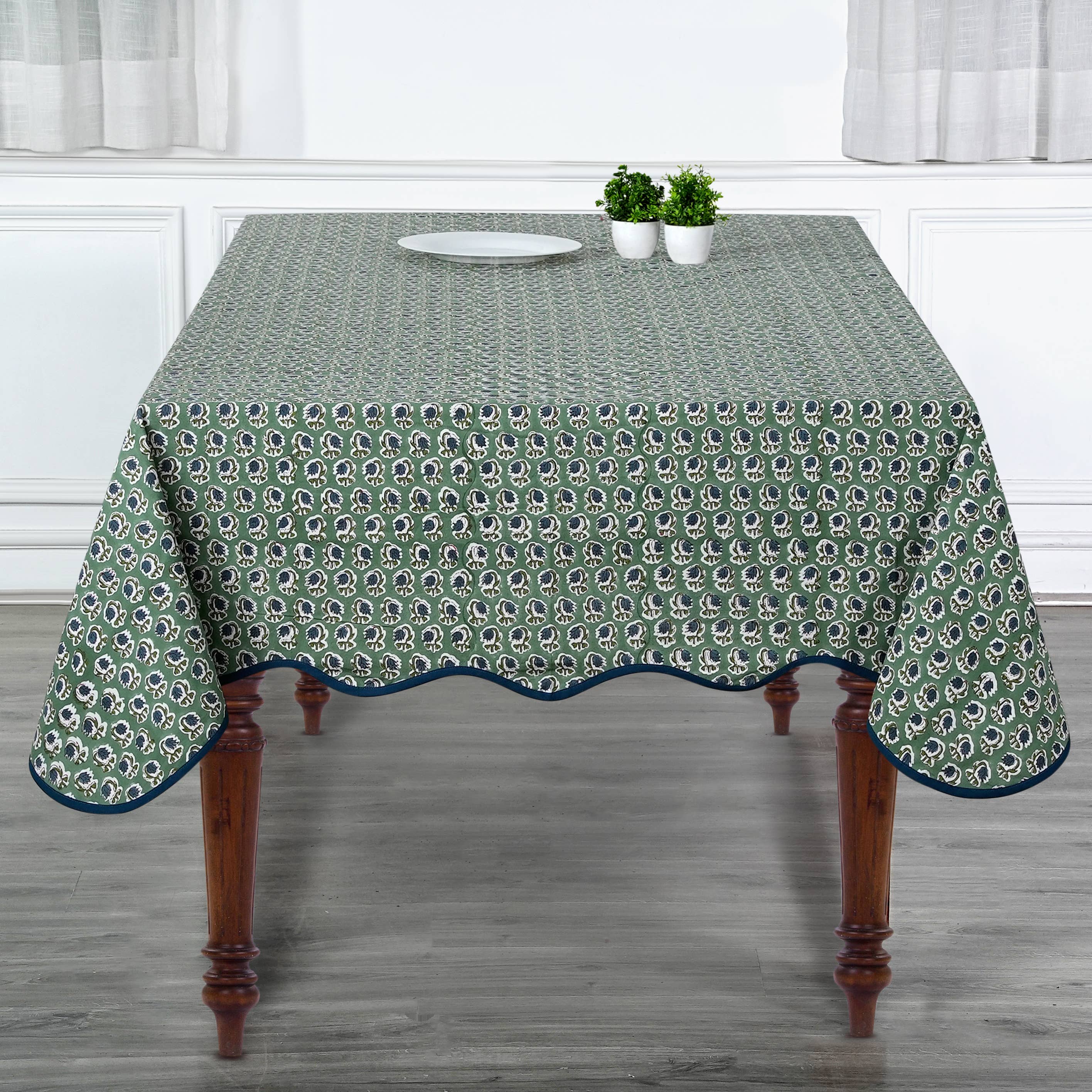 Fabricrush - Wholesale Tablecloth - Basil Green Block Printed Piping Tablecloth 100% Cotton  4