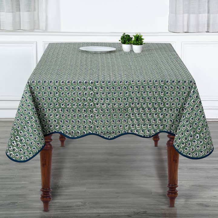 Fabricrush - Wholesale Tablecloth - Basil Green Block Printed Piping Tablecloth 100% Cotton 4