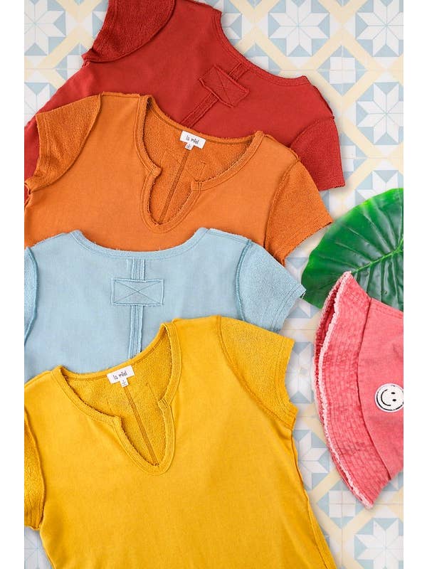 La Miel - Wholesale Gebreide top - Dames - JBT7655-getextureerde top van zachte badstof met ruwe rand en korte mouwen22