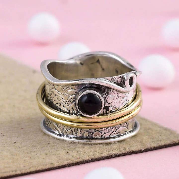 Discovered - Wholesale Cocktail/Statement Ring - Bohemian Natural Black Onyx Spinner Fidget 925 Silver Ring, Handcrafted Jewelry, Gift for Her