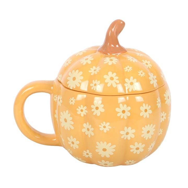 Something Different Wholesale - Wholesale Coffee Mug - Groovy Floral Pumpkin Shaped Lidded Mug1