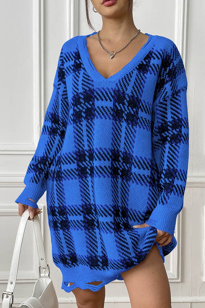 UNISHE – wholesale Dress – Women's – V Neck Plaid Knit Raw Edge One Size Sweater Dress OYM0969