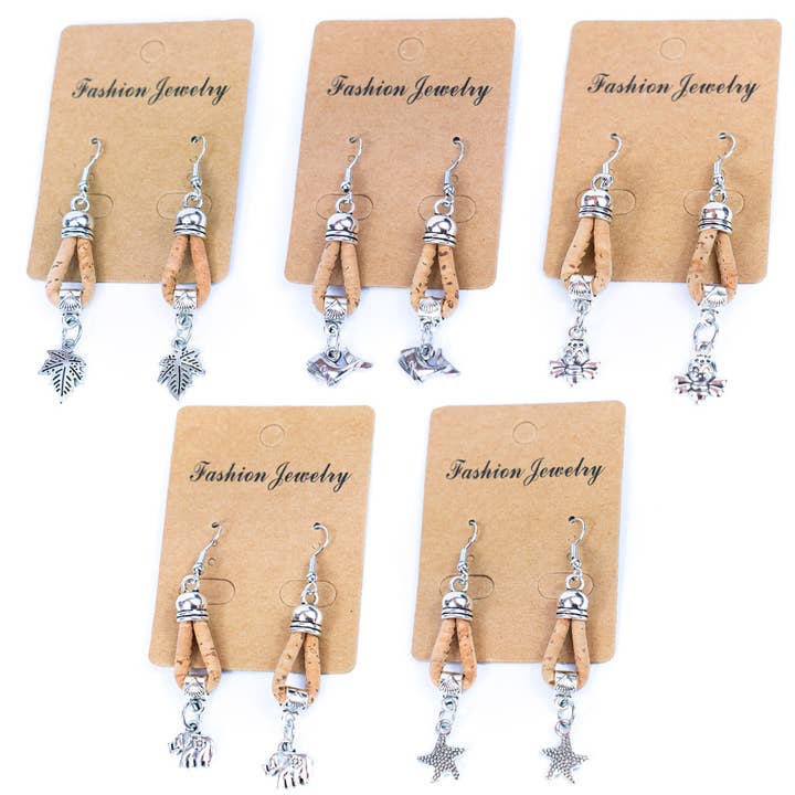 natural cork cord and5 styles of pendants handmade earrings-ER-179-MIX-5 for wholesale by Meninas Bonitas Cork